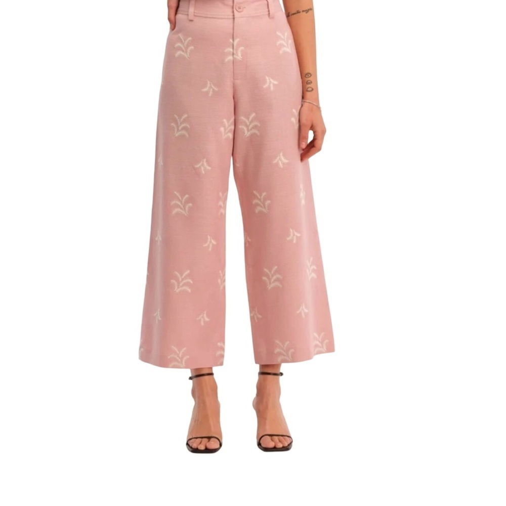 NWT‎ Elie Tahari Womens Linen Blend Pants Wide Leg Embroidered Soft Mauve Size 2